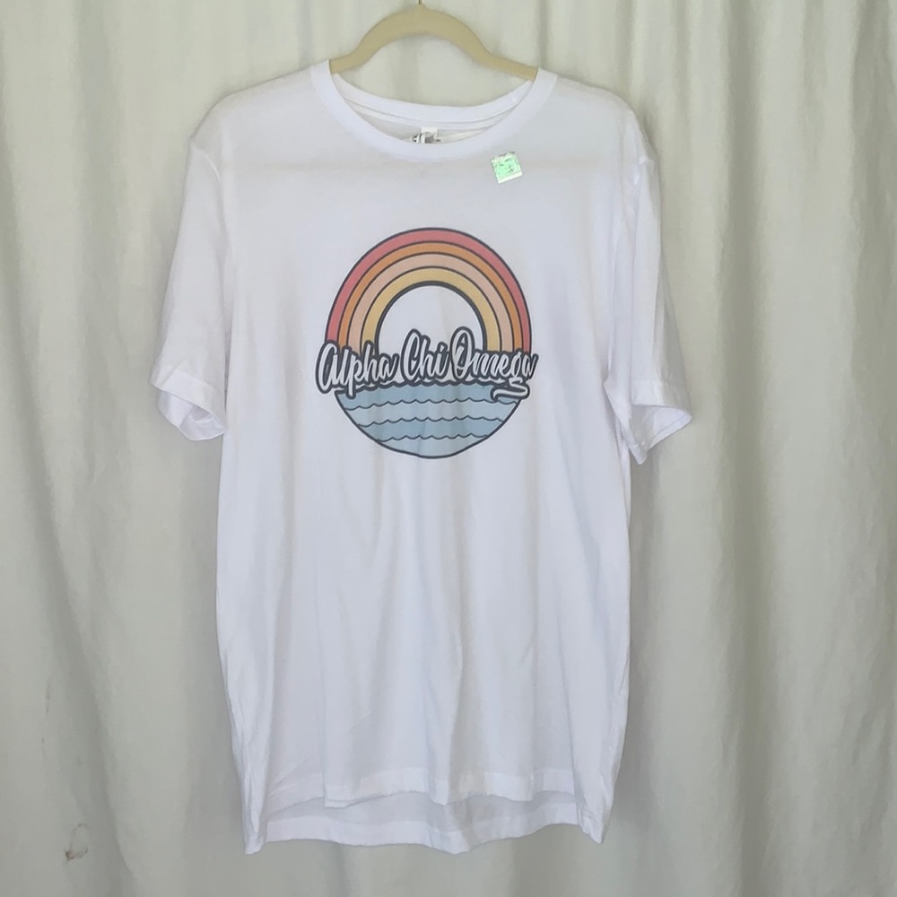Alpha Chi Omega  Sorority Rainbow White Short Sleeve Tee Bella Canvas NWT Large